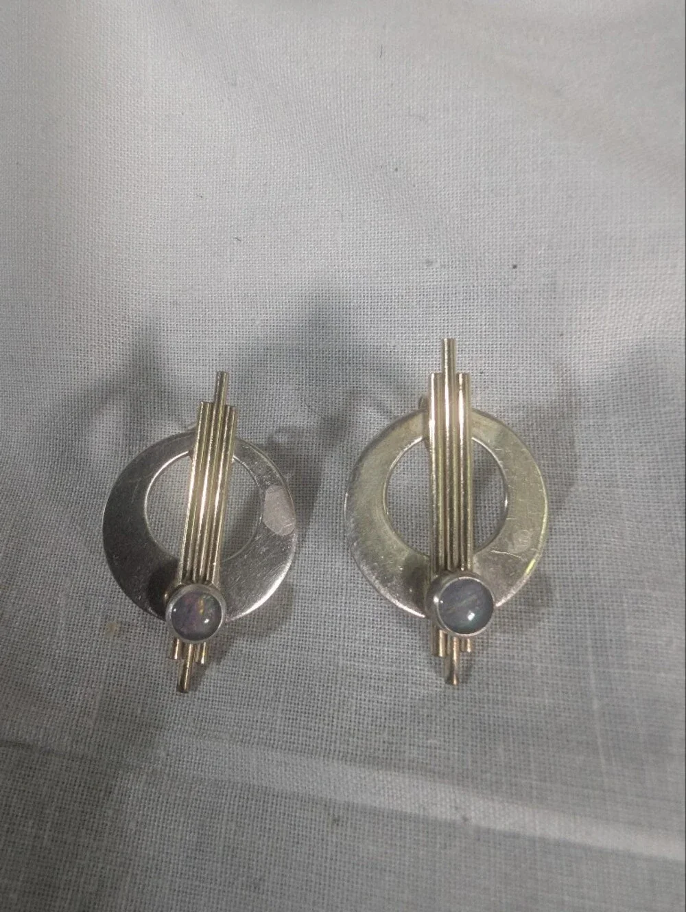 Sterling Silver Artists Signed Circle Drop Earrings with Opal Stone Gold
